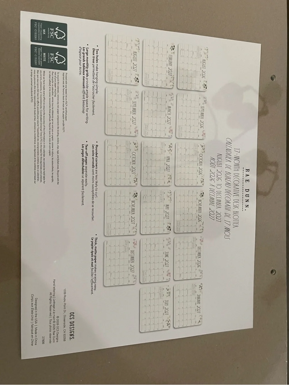 RAE DUNN 17 month desk calendar floral design  - August 2026-December 2027 NEW!
